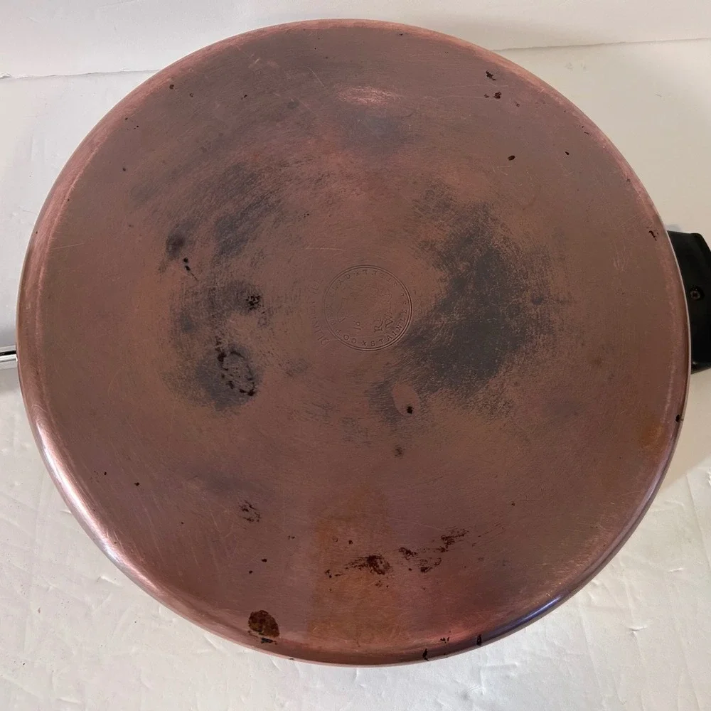 Vintage Revere Ware Copper Clad Skillet with High Dome Lid Blue Seahorse Handle